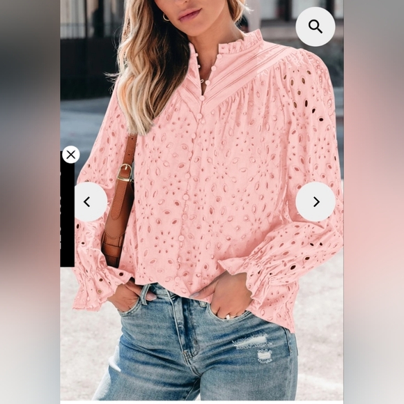 Pink Romantic Boho Puff Long Sleeve Button Up Blouse With Lace Eyelet Details - Picture 3 of 11